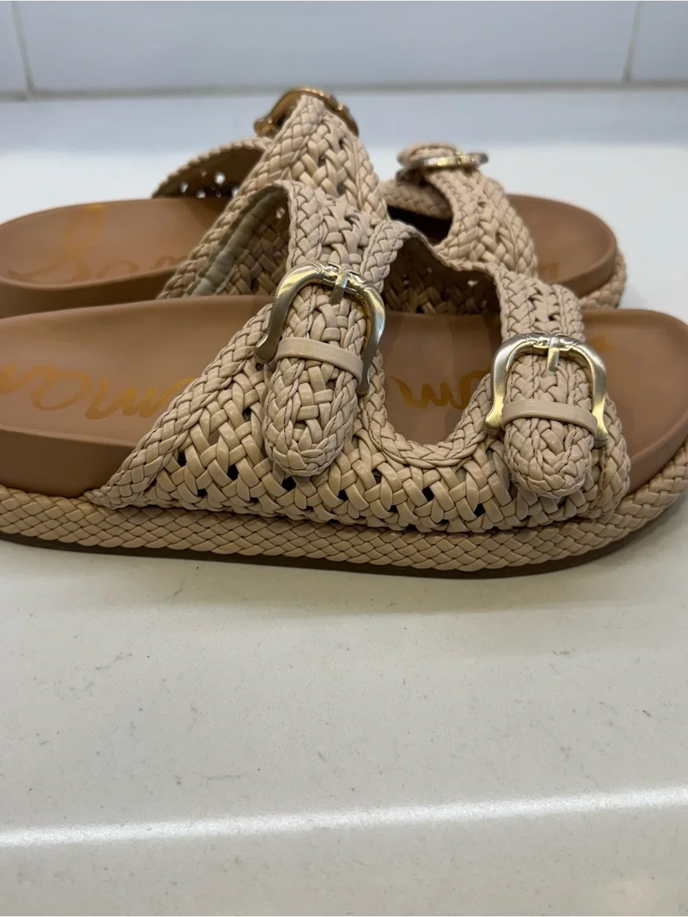 Sam Edelman Reid Woven Double Buckle Platform Slide Sandals Beige Size 8